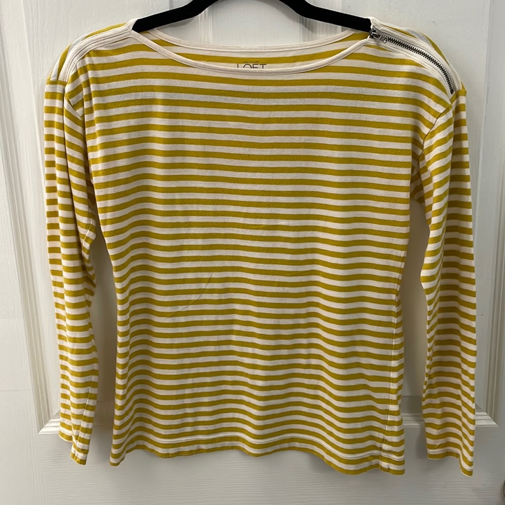 LOFT Yellow Striped Boatneck Top with Zipper Detail